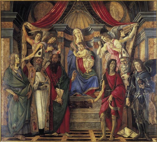 Thronende Madonna mit dem Kinde, Engeln und den Heiligen Katharina von Alexandrien, Augustinus, Barn de Sandro Botticelli