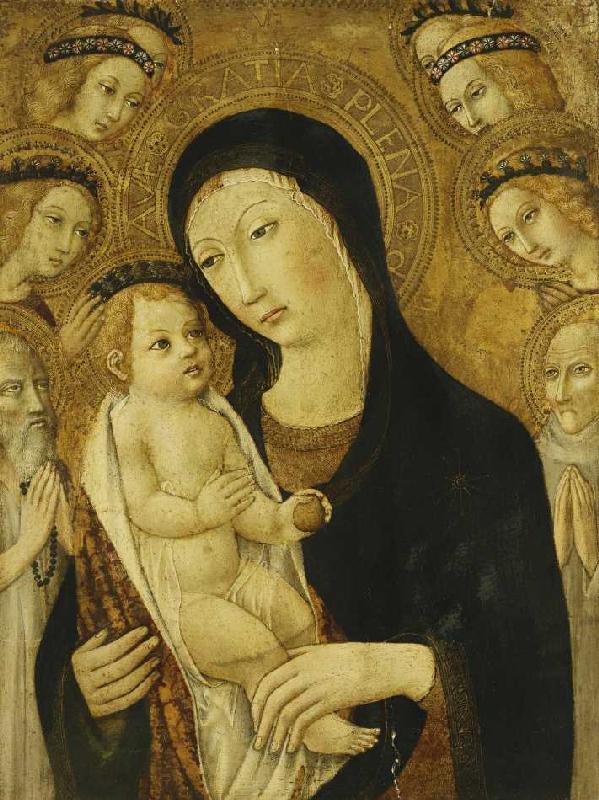 Madonna mit Kind und den Heiligen Antonius der Große und Bernhardin von Siena, umgeben von Engeln. de Sano di Pietro