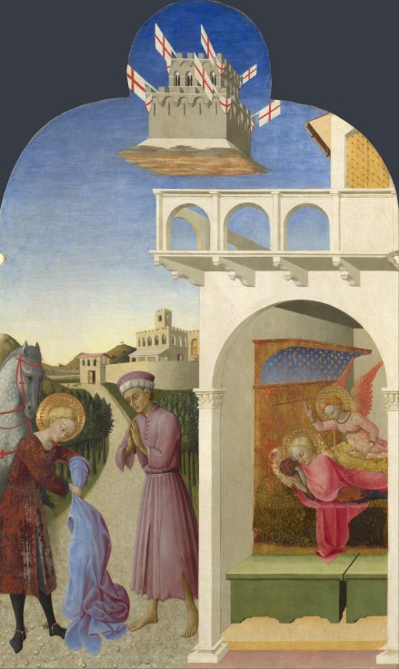 Saint Francis and the Poor Knight, and Francis's Vision (From Borgo del Santo Sepolcro Altarpiece) de Sassetta