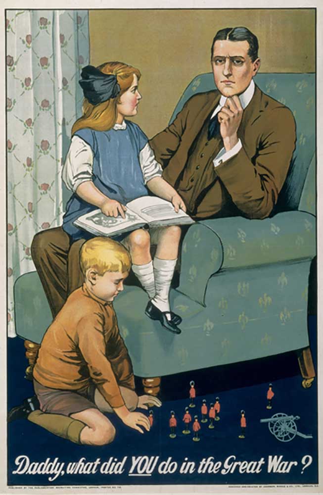 "Daddy, what did You do in the Great War?" recruitment poster designed and printed by Johnson, Riddl de Savile Lumley