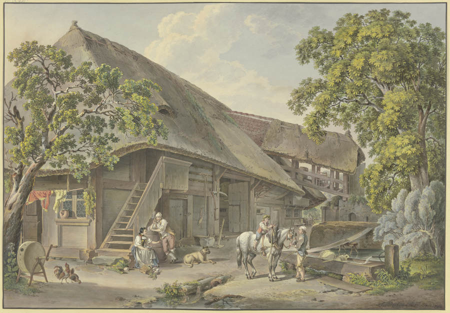 Schweizerhaus, am Brunnen Bauer mit einem Schimmel, auf dem ein Knabe reitet de Sigmund Freudenberger