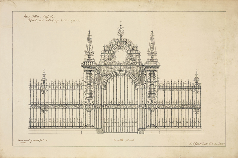 New College Oxford: Proposed Gates and R - Sir George Gilbert Scott en  reproducción impresa o copia al óleo sobre lienzo.