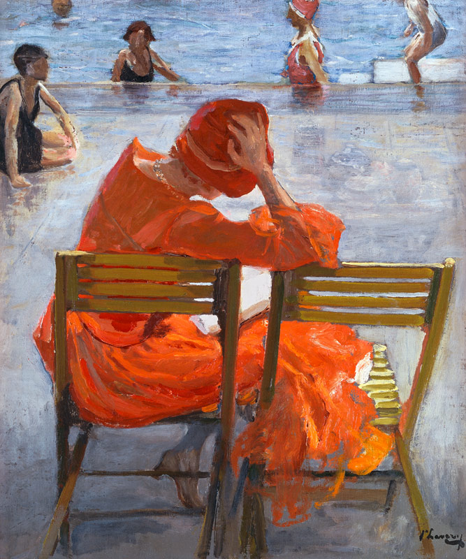 Junge Frau in einem roten Kleid an einem Swimming Pool de Sir John Lavery