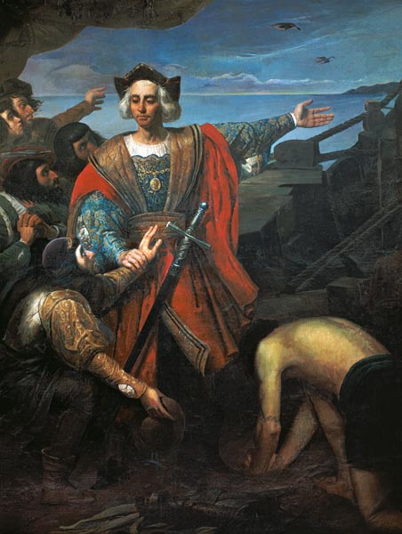 Arrival of Cristobal Colon in America - Spanish School en reproducción  impresa o copia al óleo sobre lienzo.