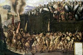 Montezuma (1466-1547), captured by the Spaniards, pleads with the Aztecs to surrender as they attack