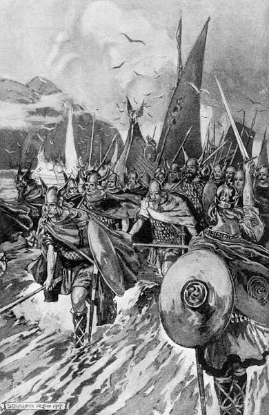 The Northmen taking Possession of Iceland (litho) de Stephen Reid