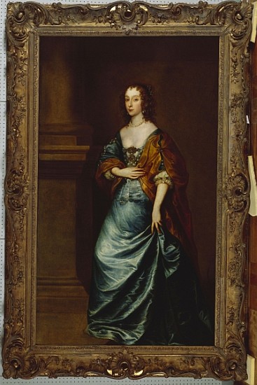 Portrait of Mary Villiers, Duchess of Lennox and Richmond, in a blue dress and brown wrap by a colum de (studio of) Sir Anthony van Dyck