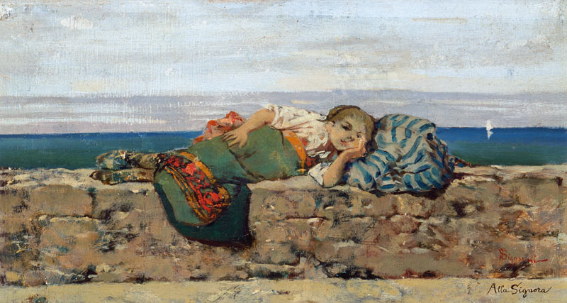 Peasant girl lying on a parapet de Telemaco Signorini