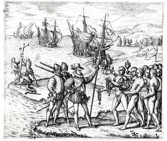 Christopher Columbus (1451-1506) receiving gifts from the cacique, Guacanagari, in Hispaniola (Haiti de Theodore de Bry