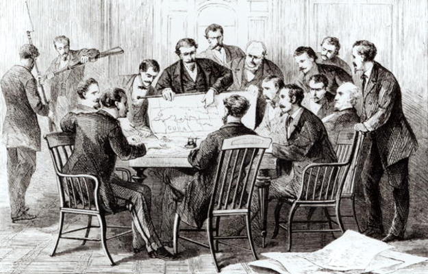 Cubans and Cuban emigres meeting in New York to plan an insurrection in Cuba (engraving) (b/w photo) de Theodore Russell Davis