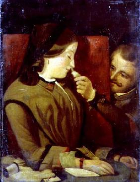 Man Tickling a Woman's Nose with a Feather