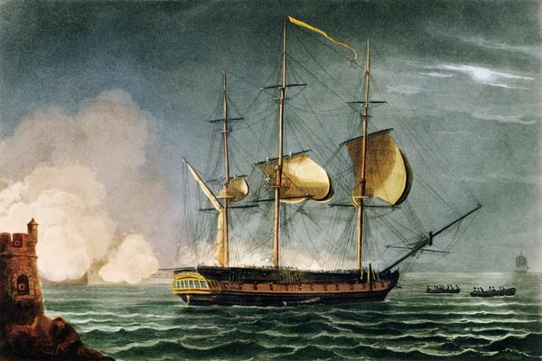 Cutting out of the Hermione from the Harbour of Porto Cavallo, October 25th 1799, from 'The Naval Ac de Thomas Whitcombe
