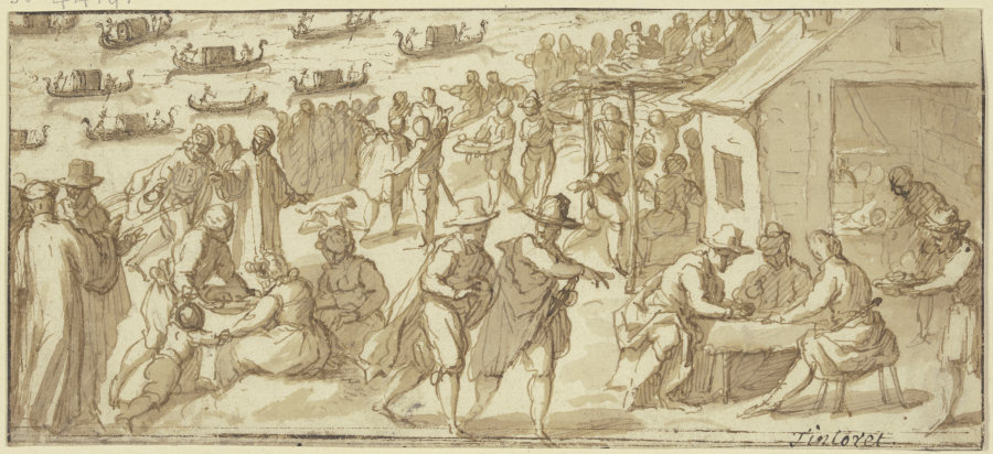 Volksszene am Ufer eines venezianischen Kanals mit Gondeln de Tintoretto
