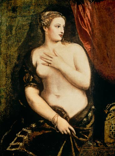 Venus contemplándose en el espejo - Tiziano (Tiziano Vecellio) en  reproducción impresa o copia al óleo sobre lienzo.