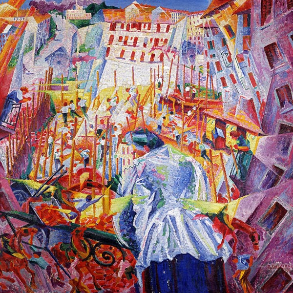 La calle entra en la casa - Umberto Boccioni en reproducción impresa o  copia al óleo sobre lienzo.