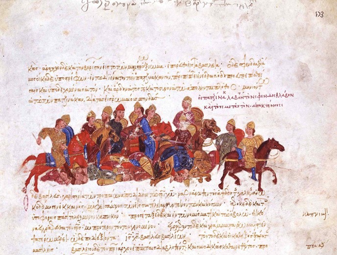 The Pechenegs in the fight against warriors of Svyatoslav I (Miniature from the Madrid Skylitzes) de Unbekannter Künstler