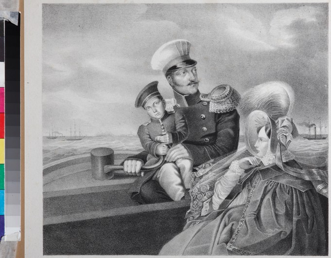 Emperor Nicholas I and Empress Alexandra Fyodorovna with son Konstantin Nikolaevich on a boat trip de Unbekannter Künstler