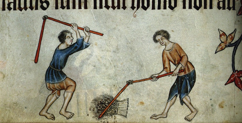 Two men threshing sheaf (From the Luttrell Psalter) de Unbekannter Künstler