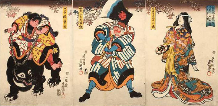 Drei Hauptdarsteller (Aus dem Kabuki-Schauspiel Japanische Beispiele von Gefolgstreue und Kindeslieb de Utagawa Kunisada