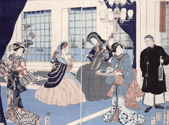 The salon of a house of foreign merchants at Yokohama, 1861 (colour woodblock print) de Utagawa Sadahide