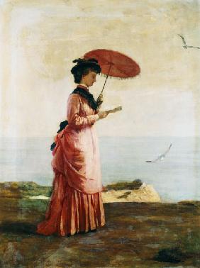Woman with parasol on the beach of the island of W
