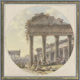 Architektonisches Capriccio: Tempelruine und Figurenstaffage