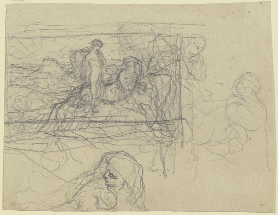 Stehender weiblicher Akt neben einer Sphinx in einer Landschaft, daneben Frauenköpfe de Victor Müller