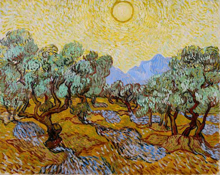 Olivos con cielo amarillo y sol - Vincent Van Gogh