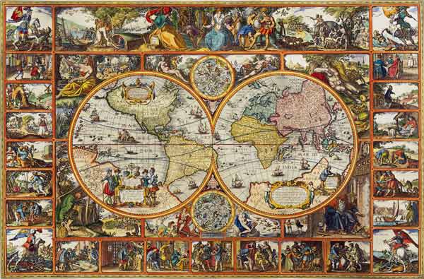 Mapa de la tierra con hemisferios de Visscher Claes Jansz. Piscator