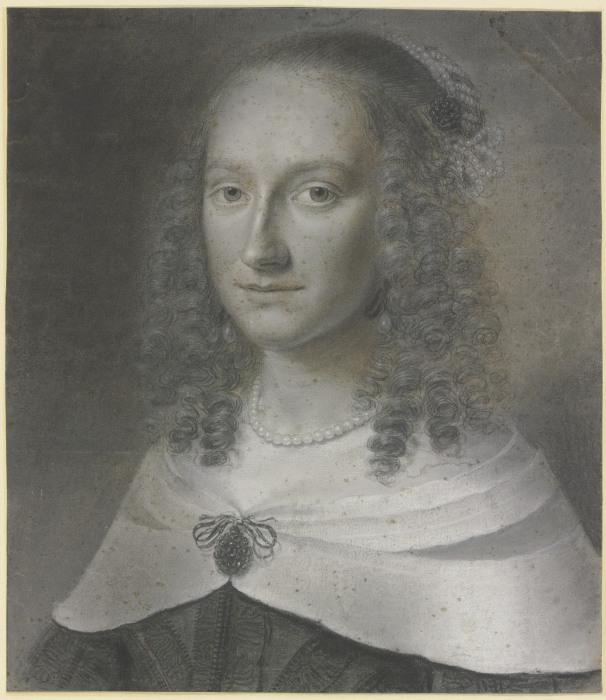 Brustbild einer Dame mit langen Locken und weißem Umschlagetuch, gehalten von einer Agraffe de Wallerant Vaillant