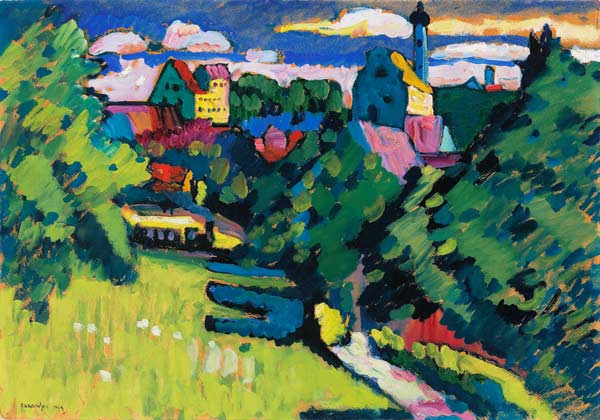 Murnau - Ansicht mit Burg, Kirche und Eisenbahn de Wassily Kandinsky