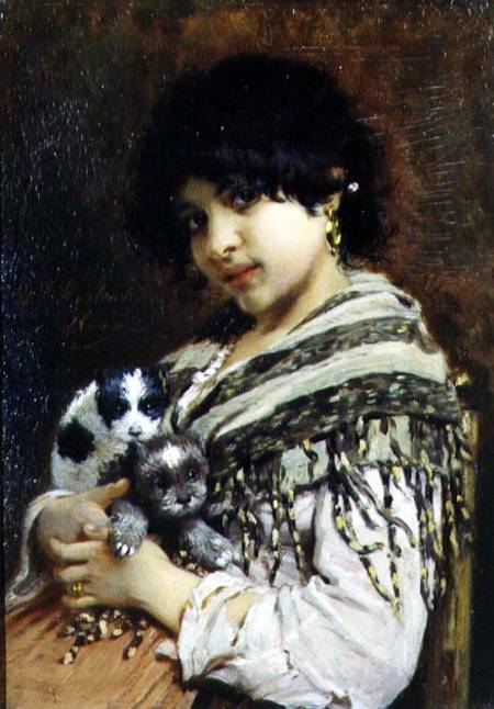Gypsy Girl with Two Puppies de Wilhelm Johannes Maertens