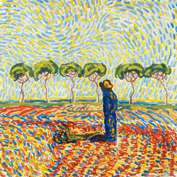 Blauer Mann in gelber Landschaft de Wilhelm Morgner