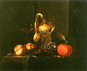 Still life with a silbener bowl, glasses and fruit