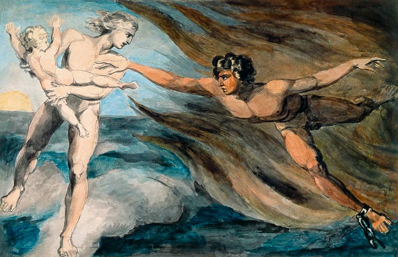Ángeles del bien y del mal luchando por la posesión de un niño de William Blake