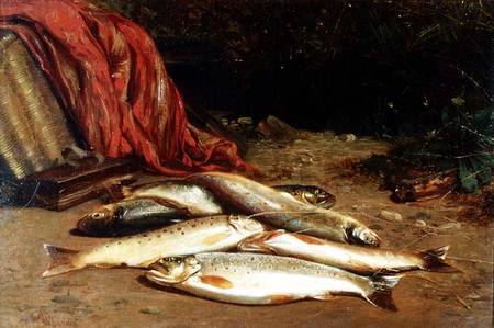 Brown trout on a river bank de William Geddes