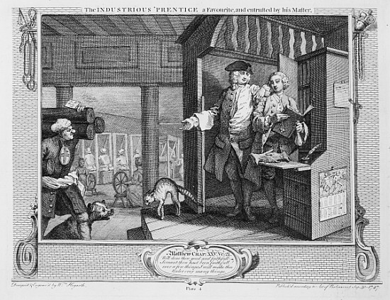 The Industrious ''Prentice a Favourite and Entrusted his Master, plate IV of ''Industry and Idleness de William Hogarth