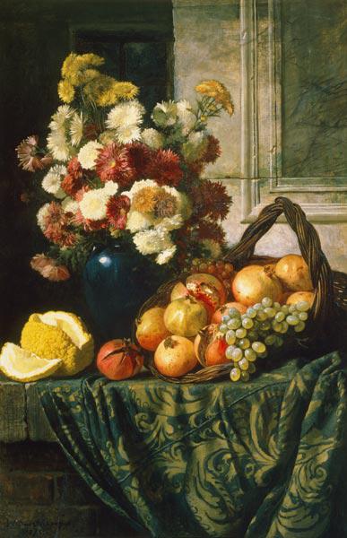 Still life with flowers and fruits