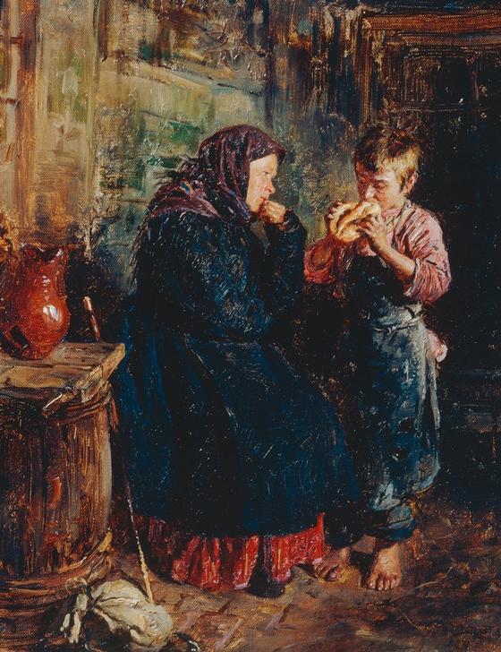 Old woman and boy eating bread de Wladimir Jegorowitsch Makowski
