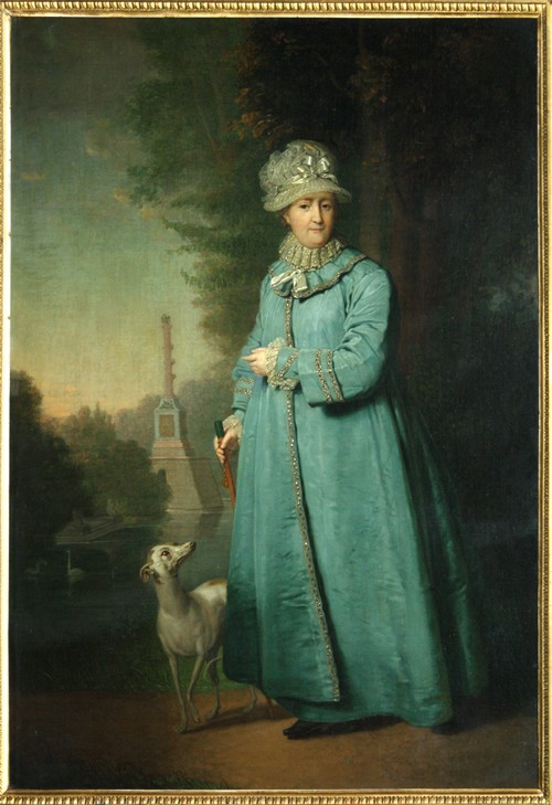 Catherine II strolling in the park at Tsarskoye Selo with the Chesme Column in the background de Wladimir Lukitsch Borowikowski